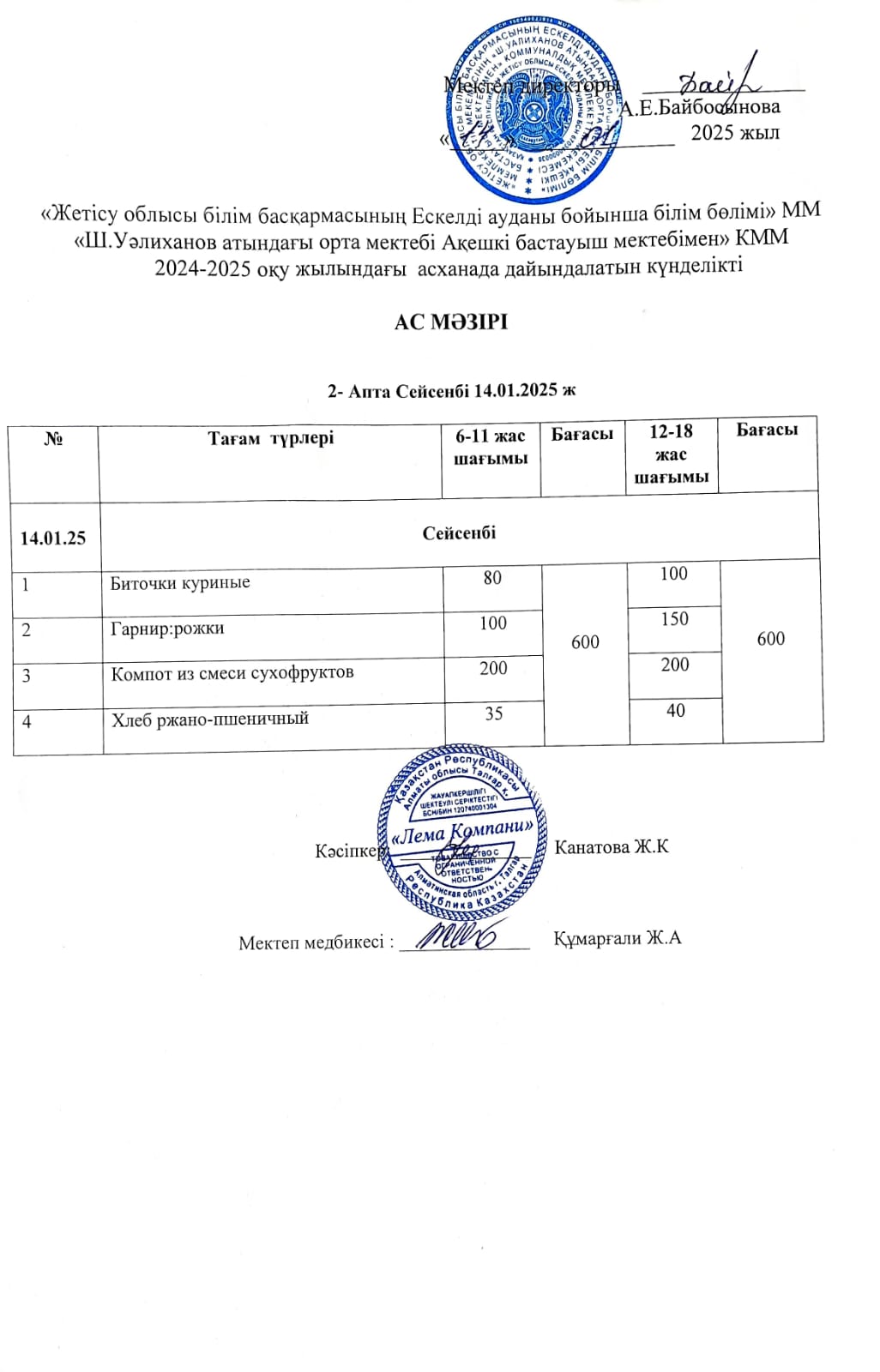 Ас мәзірі 14.01.2025