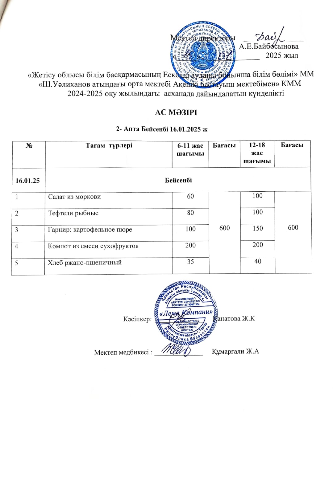 Ас мәзірі 16.01.2025