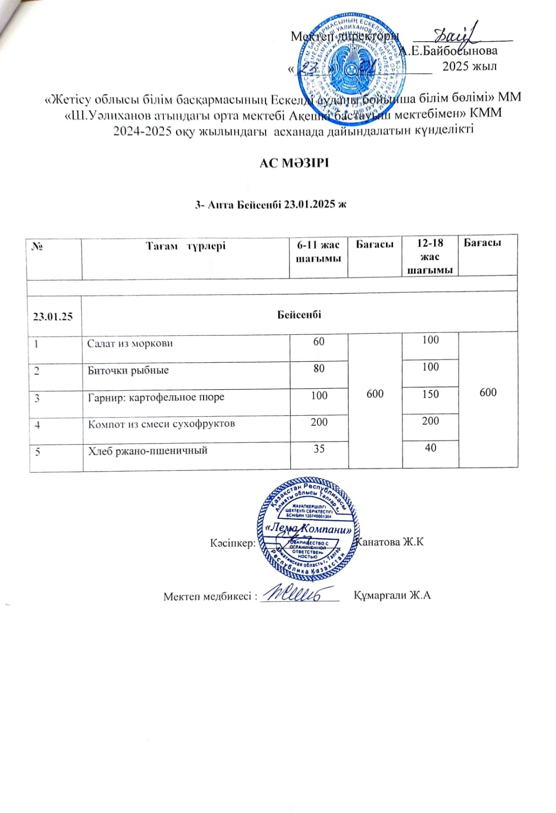Ас мәзірі 23.01.2025