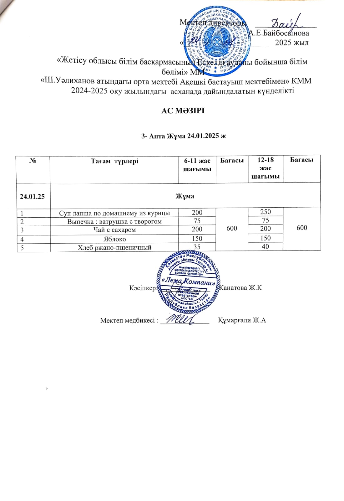 Ас мәзірі 24.01.2025