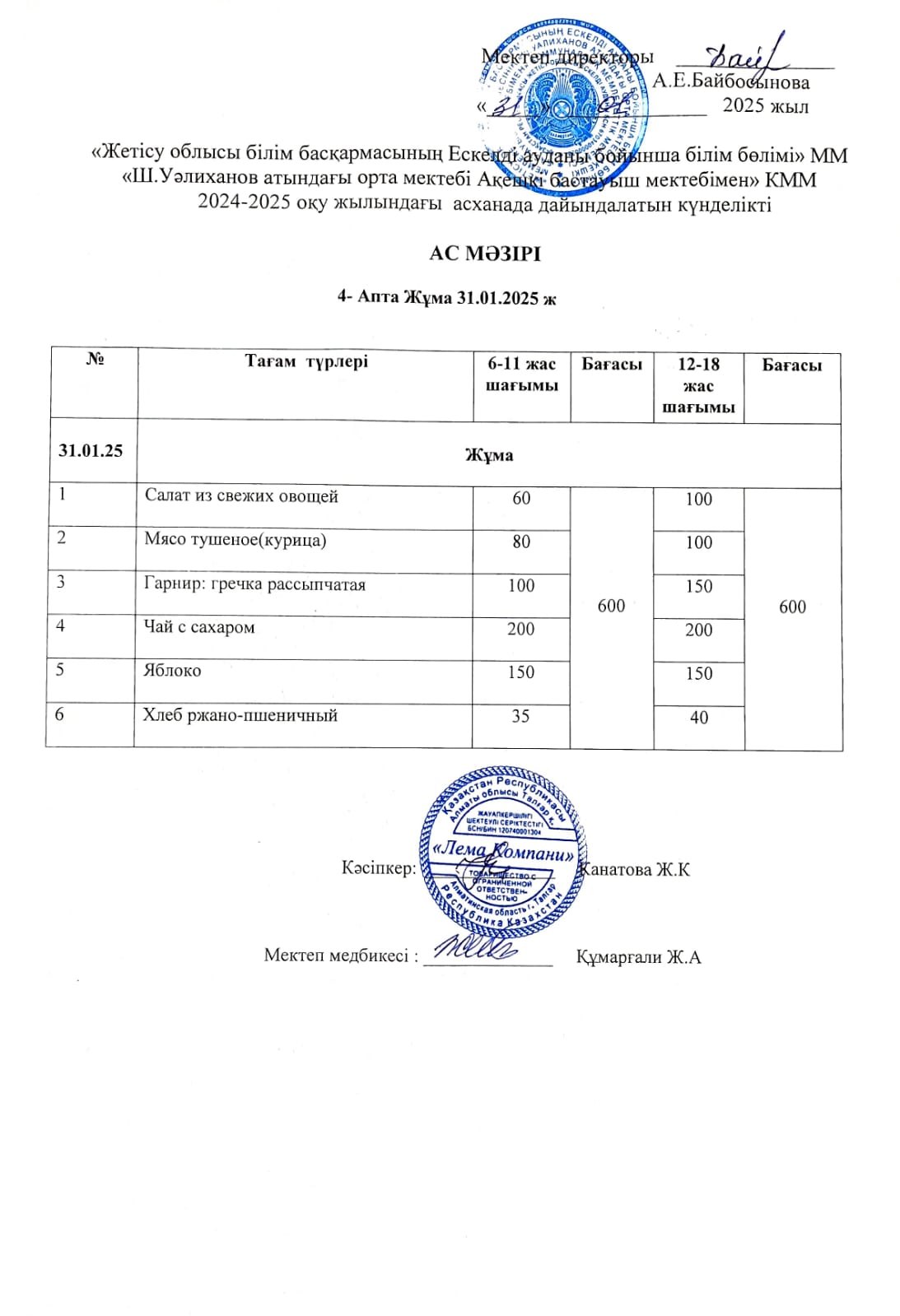 Ас мәзірі 31.01.2025