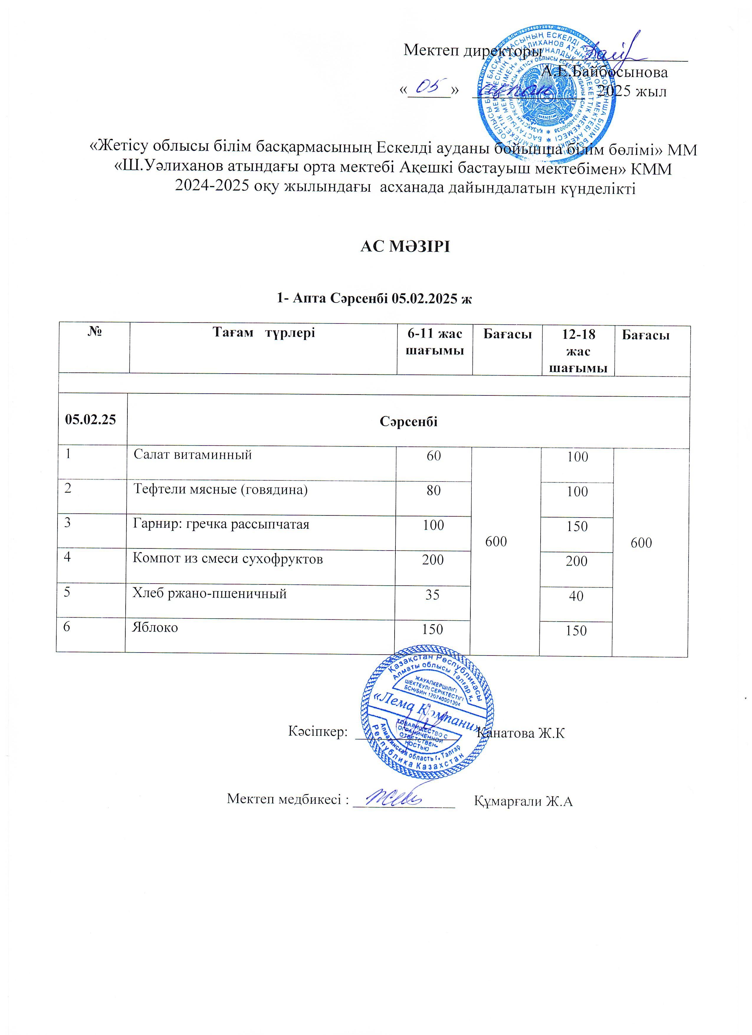 Ас мәзірі  05.02.2025