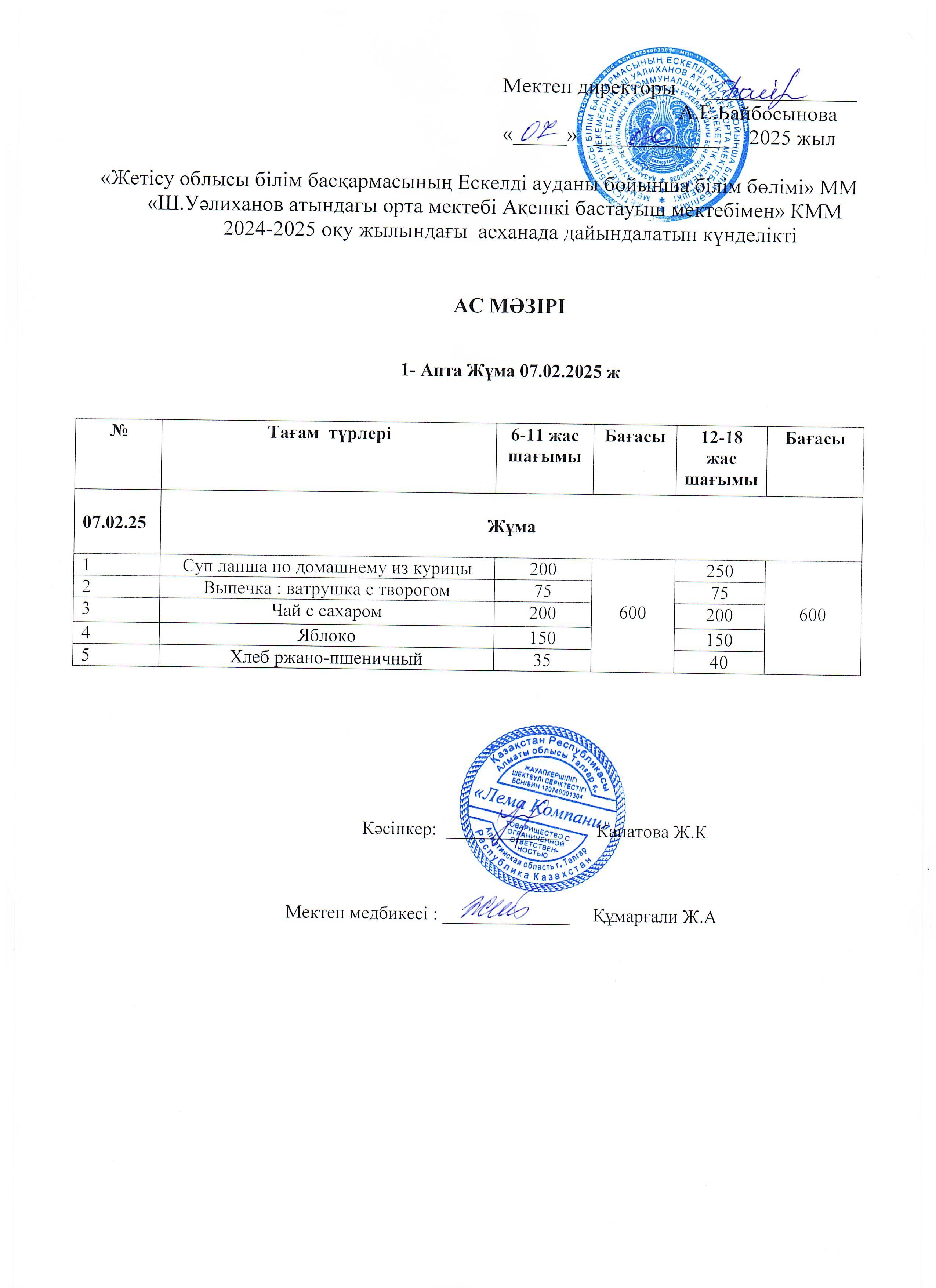 Ас мәзірі  07.02.2025