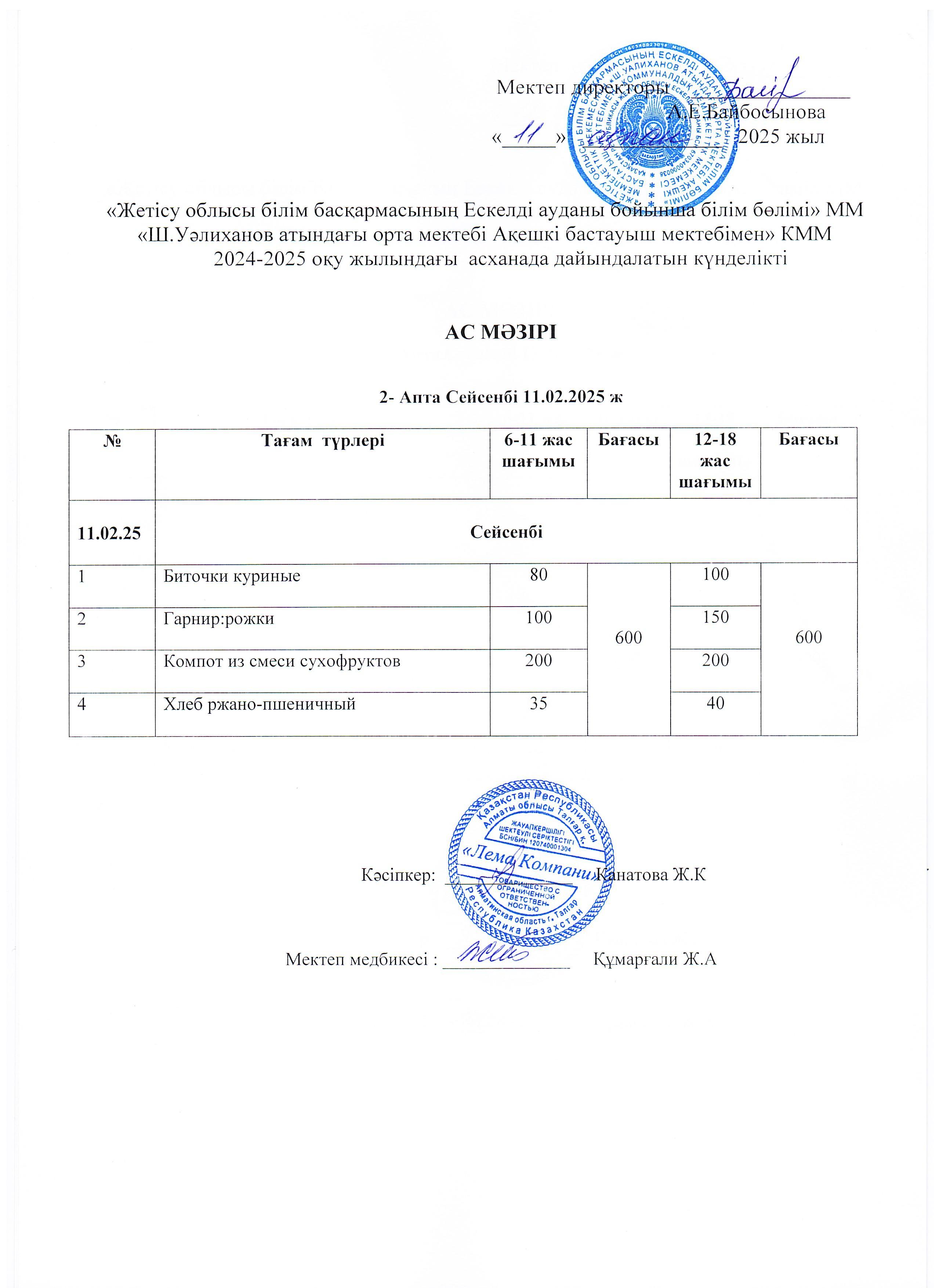 Ас мәзірі 11.02.2025