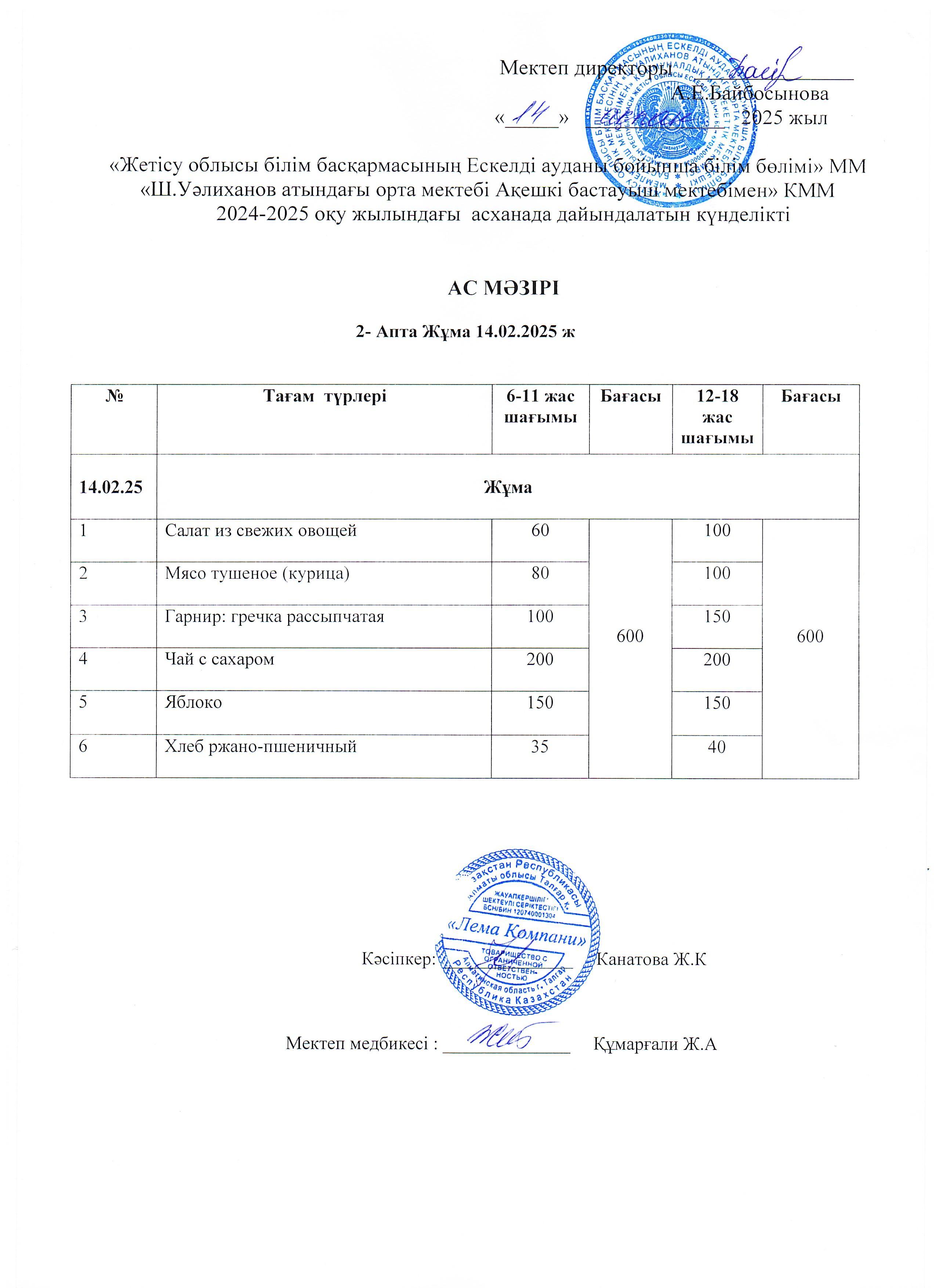 Ас мәзірі 14.02.2025
