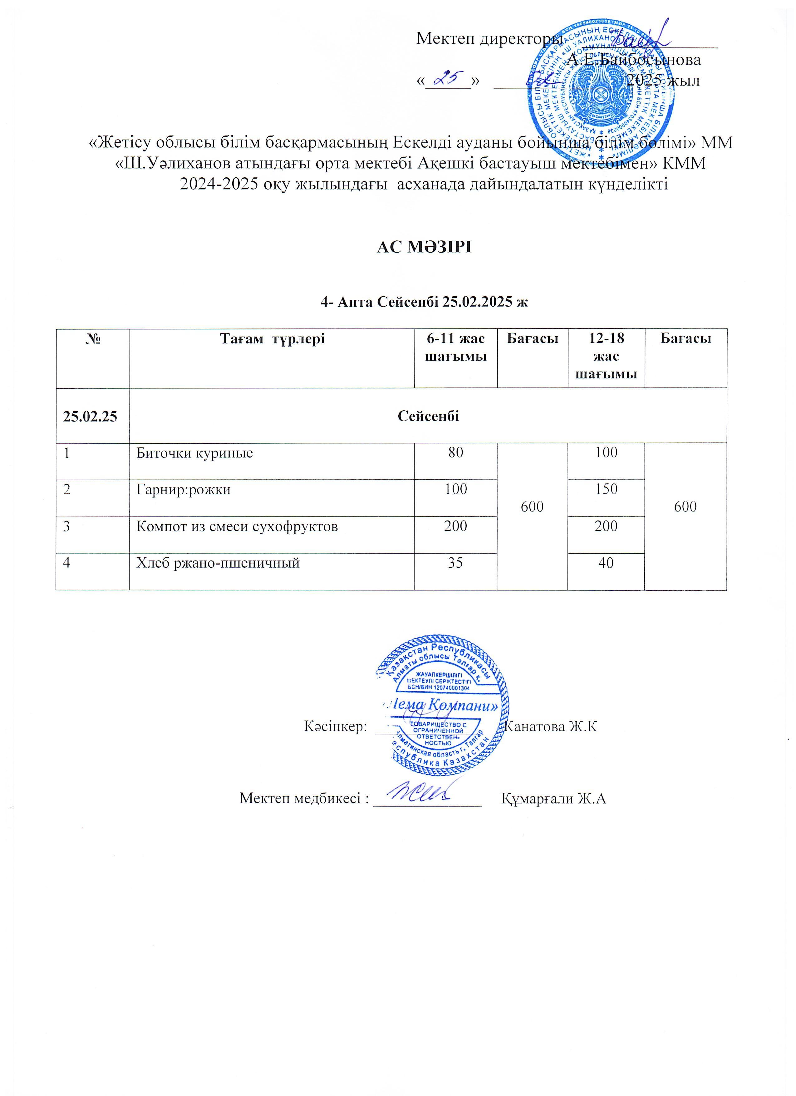 Ас мәзірі 25.02.2025